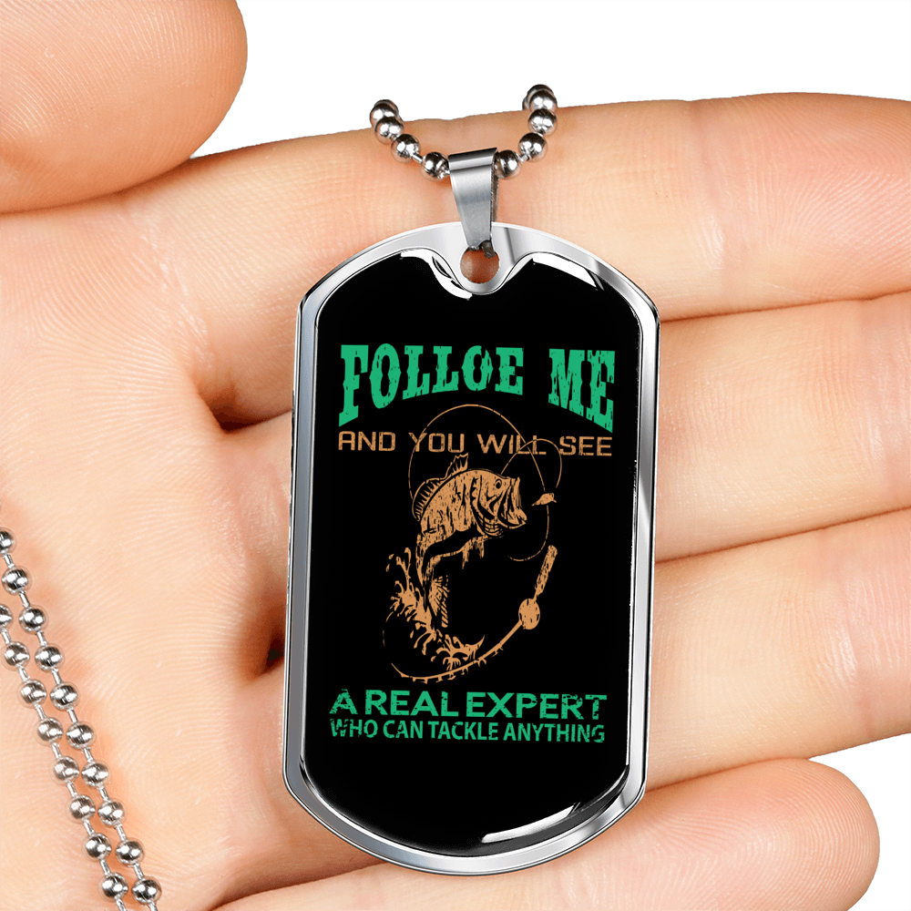 Folloe Me Fishing Necklace Stainless Steel or 18k Gold Dog Tag 24" Chain-Express Your Love Gifts