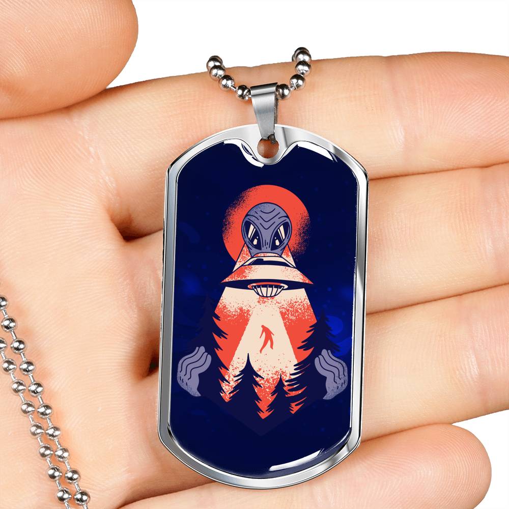 Forest Alien Necklace UFO Alien Fan Gift Stainless Steel or 18k Gold Dog Tag 24" Chain-Express Your Love Gifts