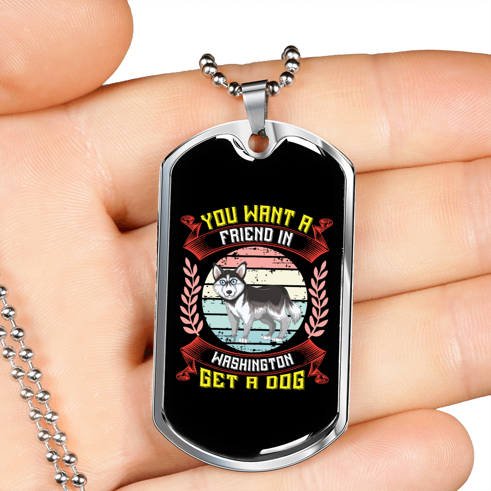 Friend in Washington Siberian Husky Necklace Stainless Steel or 18k Gold Dog Tag 24" Chain-Express Your Love Gifts