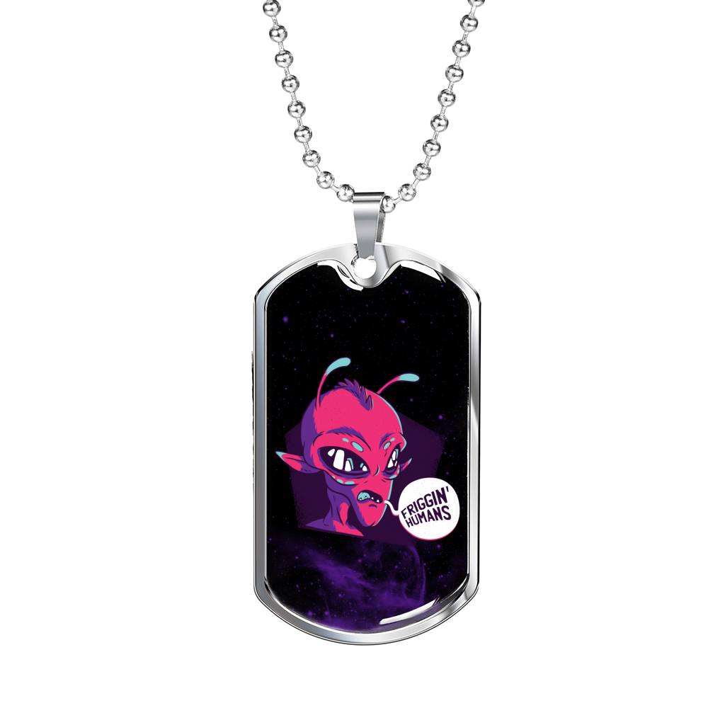 Friggin' Alien Necklace UFO Alien Fan Gift Stainless Steel or 18k Gold Dog Tag 24" Chain-Express Your Love Gifts
