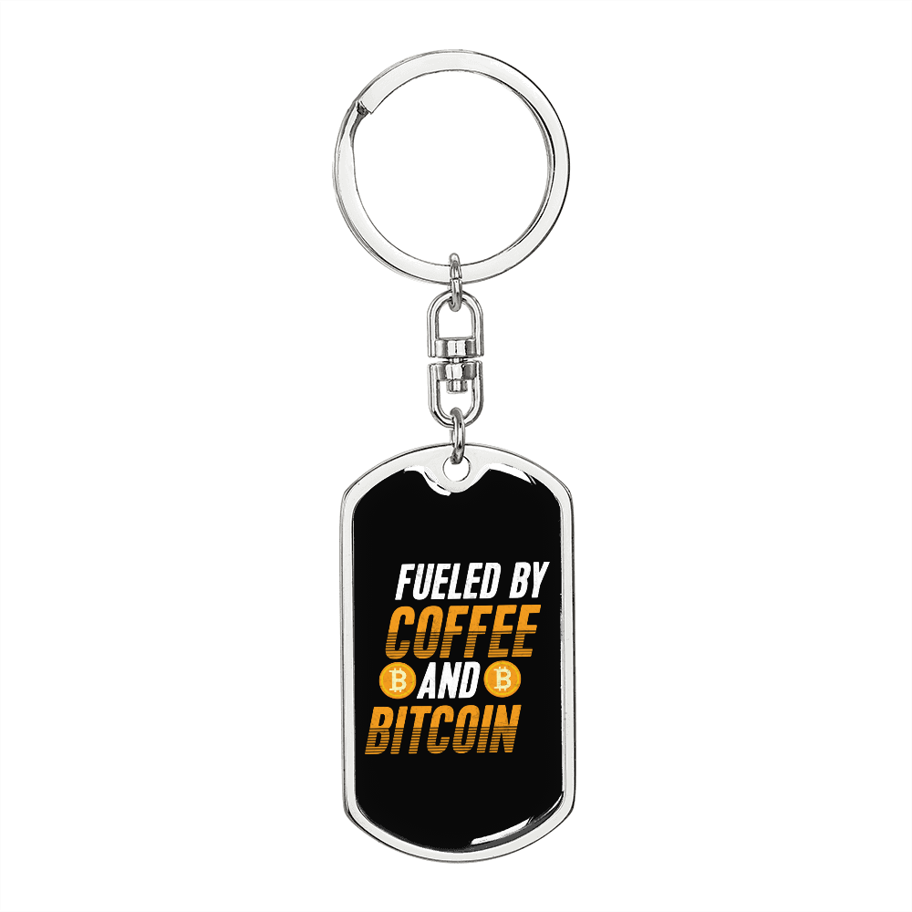 Fuelled by Coffee and Bitcoin Crypto Keychain Stainless Steel or 18k Gold Dog Tag Keyring-Express Your Love Gifts