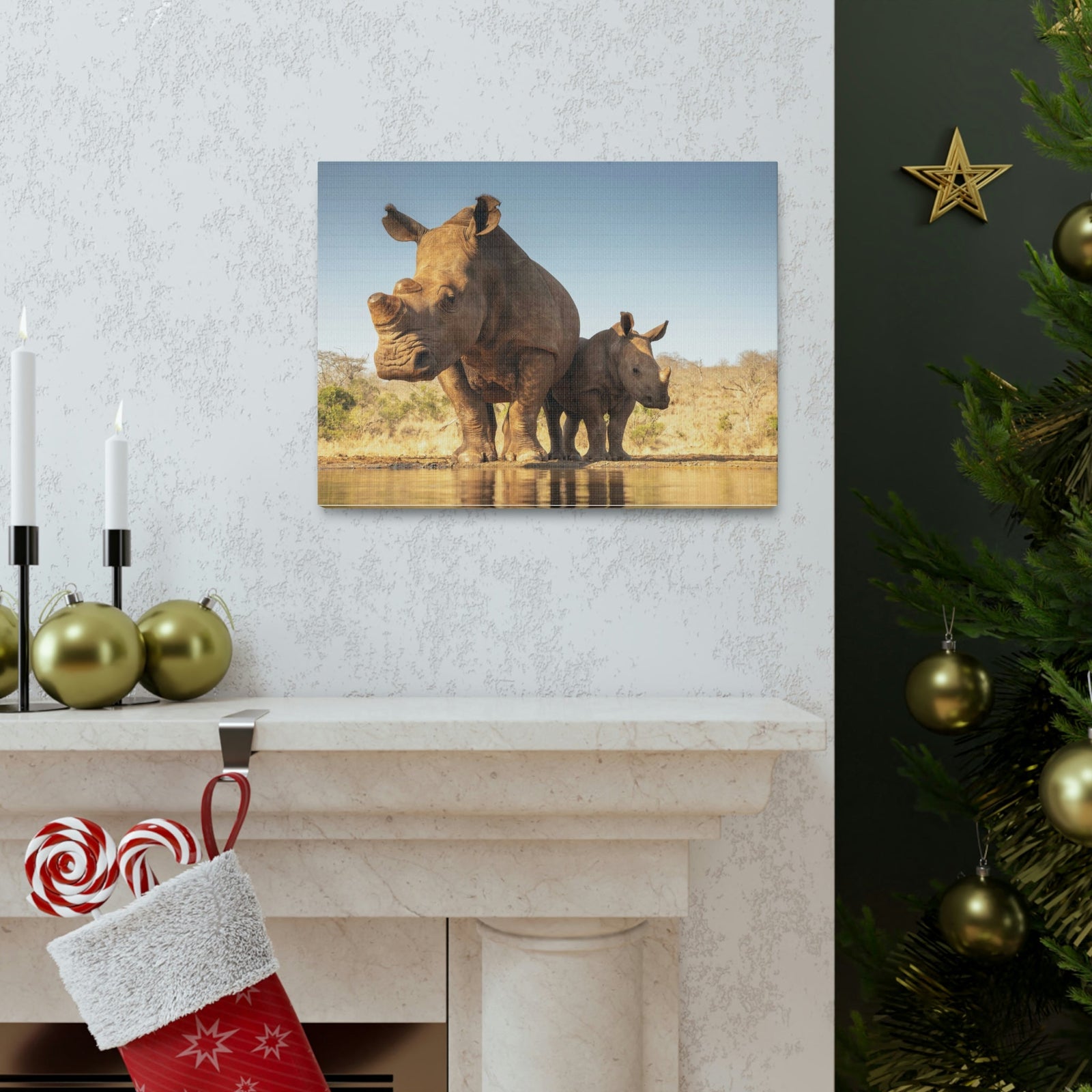 Funny White Rhino Silly White Rhino Scene Couple Wall Art Ready to Hang Unframed-Express Your Love Gifts