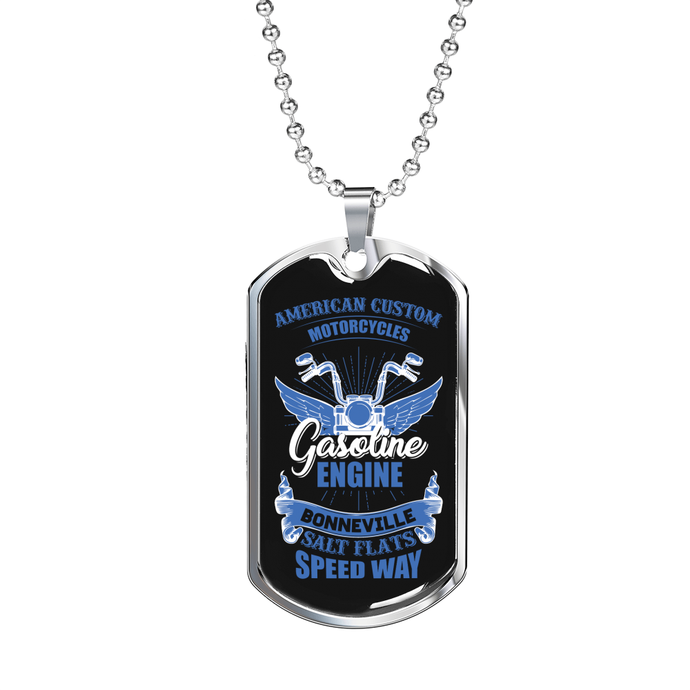 Gasoline Engine Biker Necklace Stainless Steel or 18k Gold Dog Tag 24"-Express Your Love Gifts
