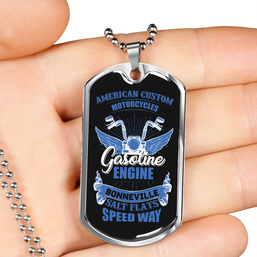 Gasoline Engine Biker Necklace Stainless Steel or 18k Gold Dog Tag 24"-Express Your Love Gifts