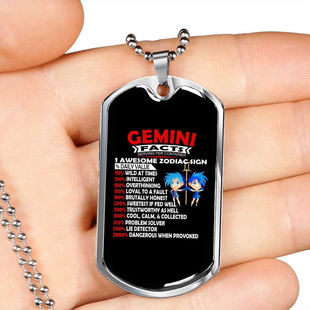 Gemini Facts White Zodiac Necklace Stainless Steel or 18k Gold Dog Tag 24" Chain-Express Your Love Gifts