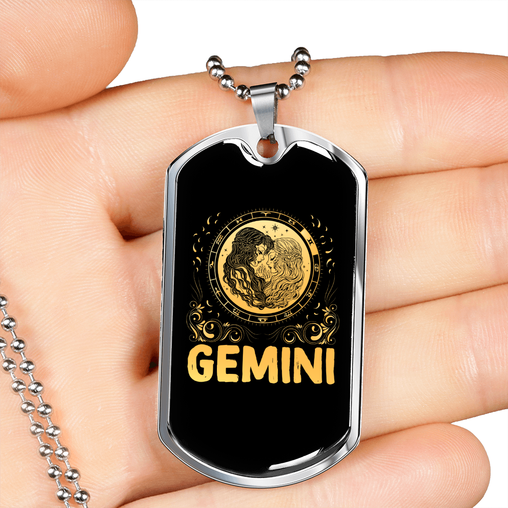 Gemini Girls Zodiac Necklace Stainless Steel or 18k Gold Dog Tag 24" Chain-Express Your Love Gifts