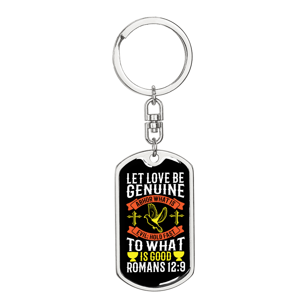 Genuine Love Romans 12:9 Keychain Stainless Steel or 18k Gold Dog Tag Keyring-Express Your Love Gifts