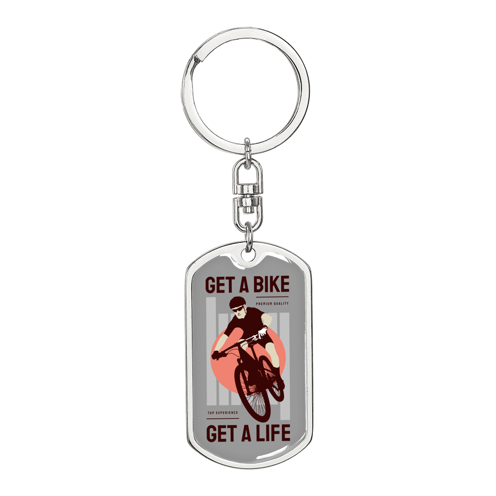 Get A Bike Get A Life Cycling Keychain Stainless Steel or 18k Gold Dog Tag Keyring-Express Your Love Gifts