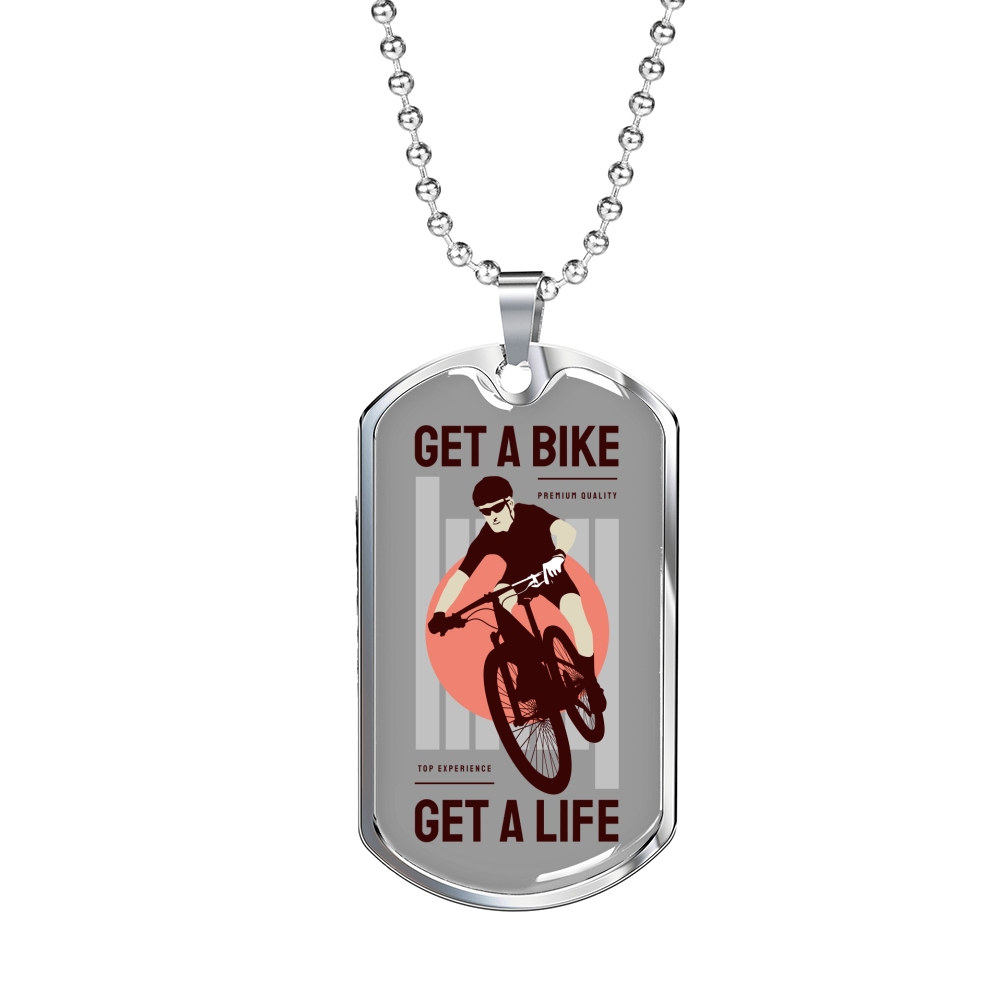 Get A Bike Get A Life Cycling Necklace Stainless Steel or 18k Gold Dog Tag 24"-Express Your Love Gifts