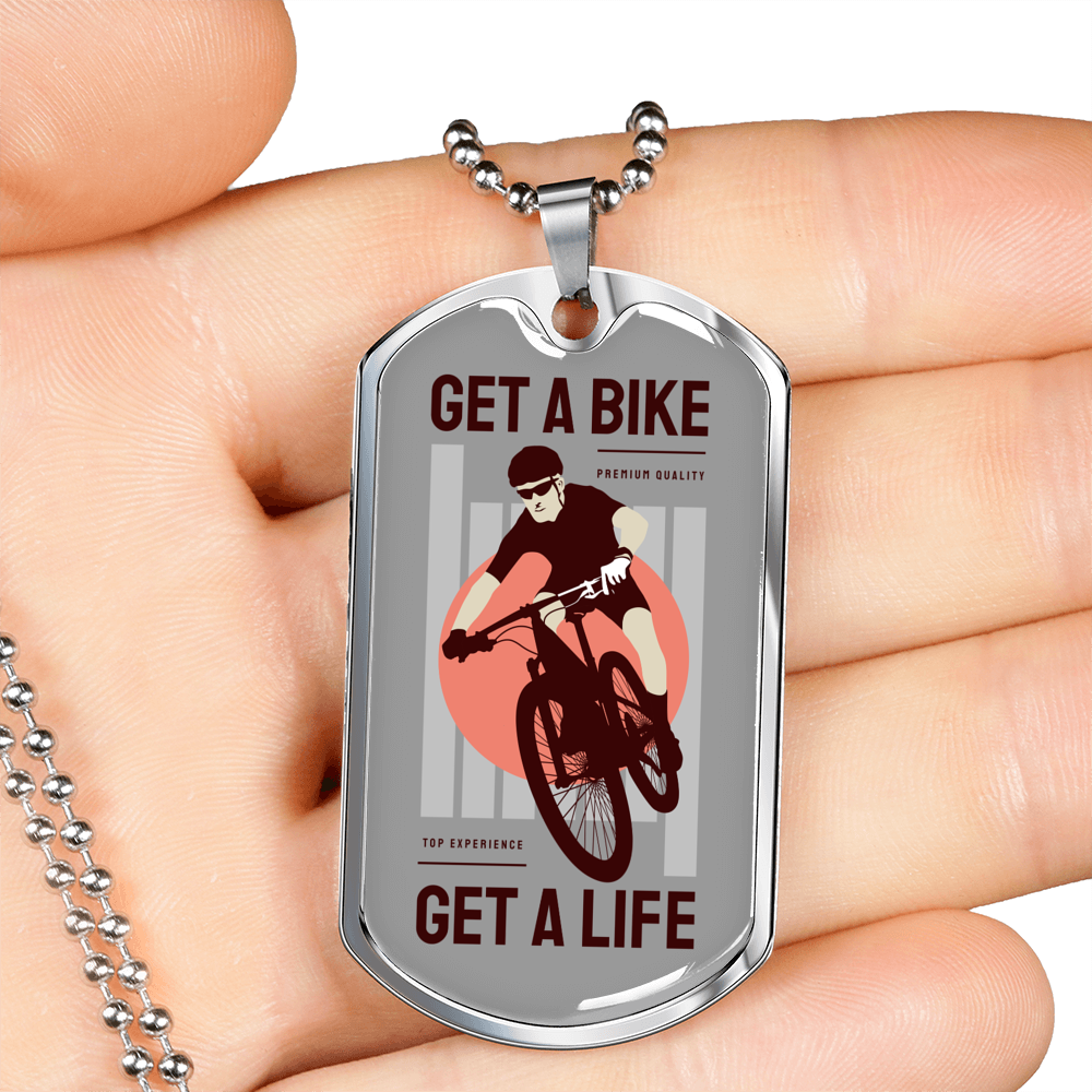 Get A Bike Get A Life Cycling Necklace Stainless Steel or 18k Gold Dog Tag 24"-Express Your Love Gifts