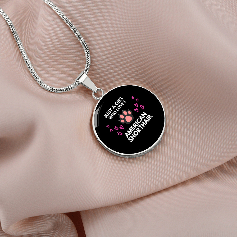 Girl American Shorthair Cat Circle Necklace Stainless Steel or 18k Gold 18-22"-Express Your Love Gifts
