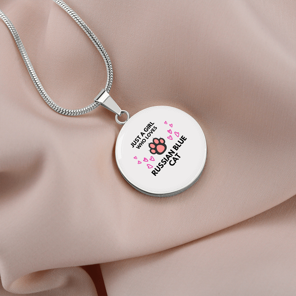 Girl Loves Blue Cat White Circle Necklace Stainless Steel or 18k Gold 18-22-Express Your Love Gifts