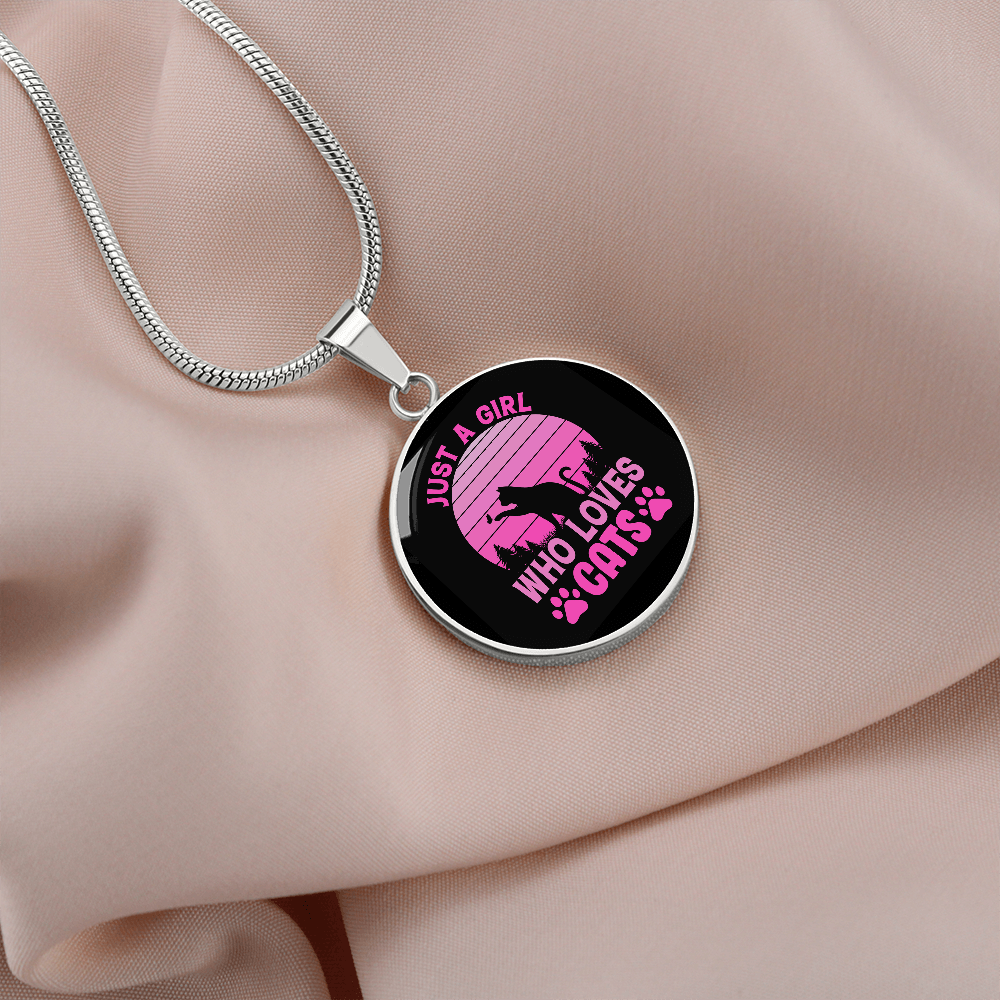 Girl Loves Cat Pink Circle Necklace Stainless Steel or 18k Gold 18-22"-Express Your Love Gifts