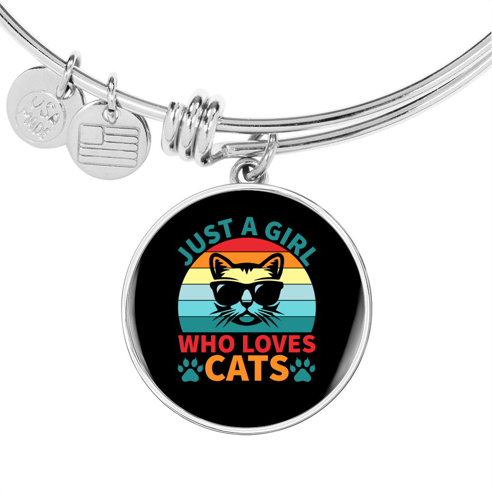 Girl Loves Cats Bracelet Stainless Steel or 18k Gold Circle Bangle-Express Your Love Gifts