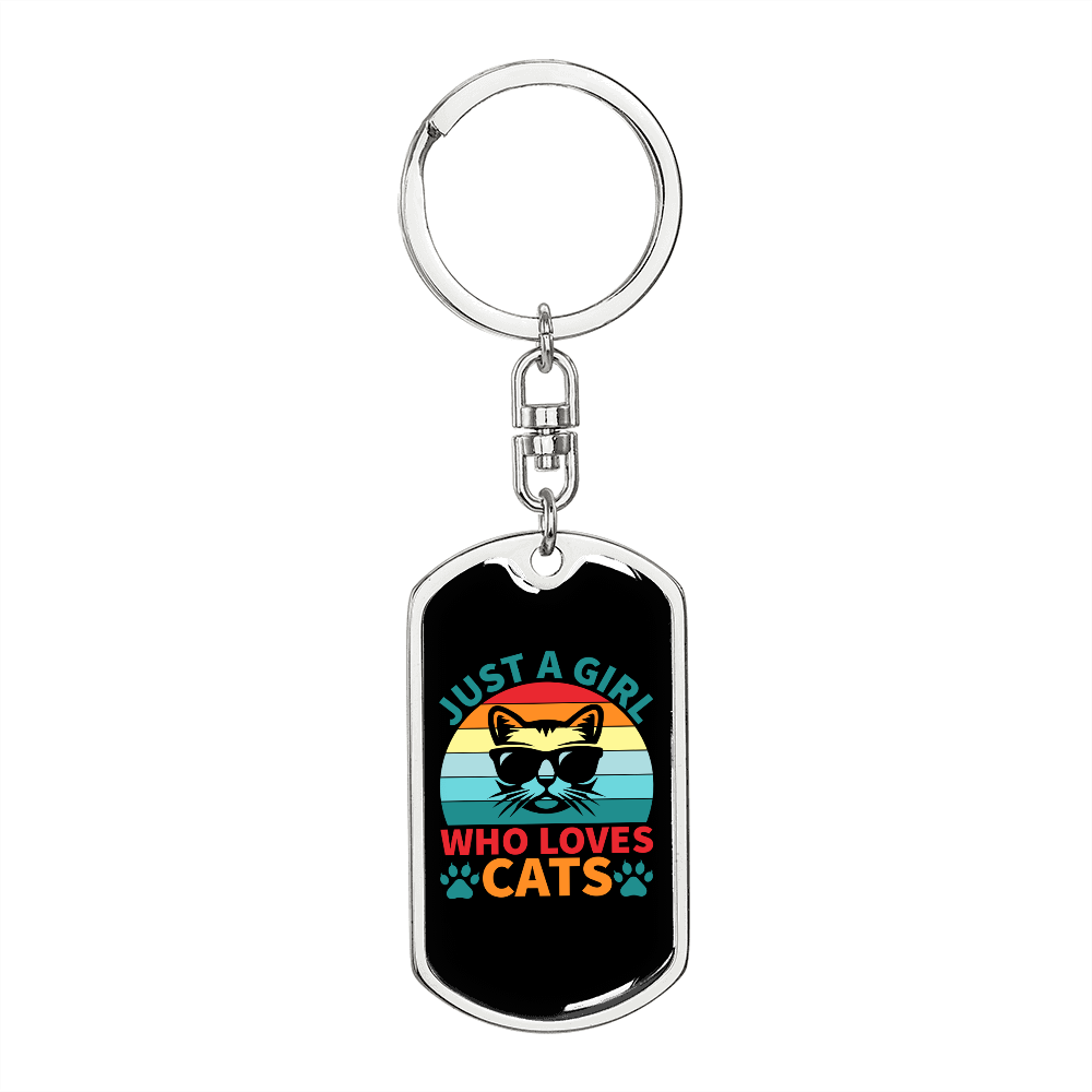 Girl Loves Cats Keychain Stainless Steel or 18k Gold Dog Tag Keyring-Express Your Love Gifts