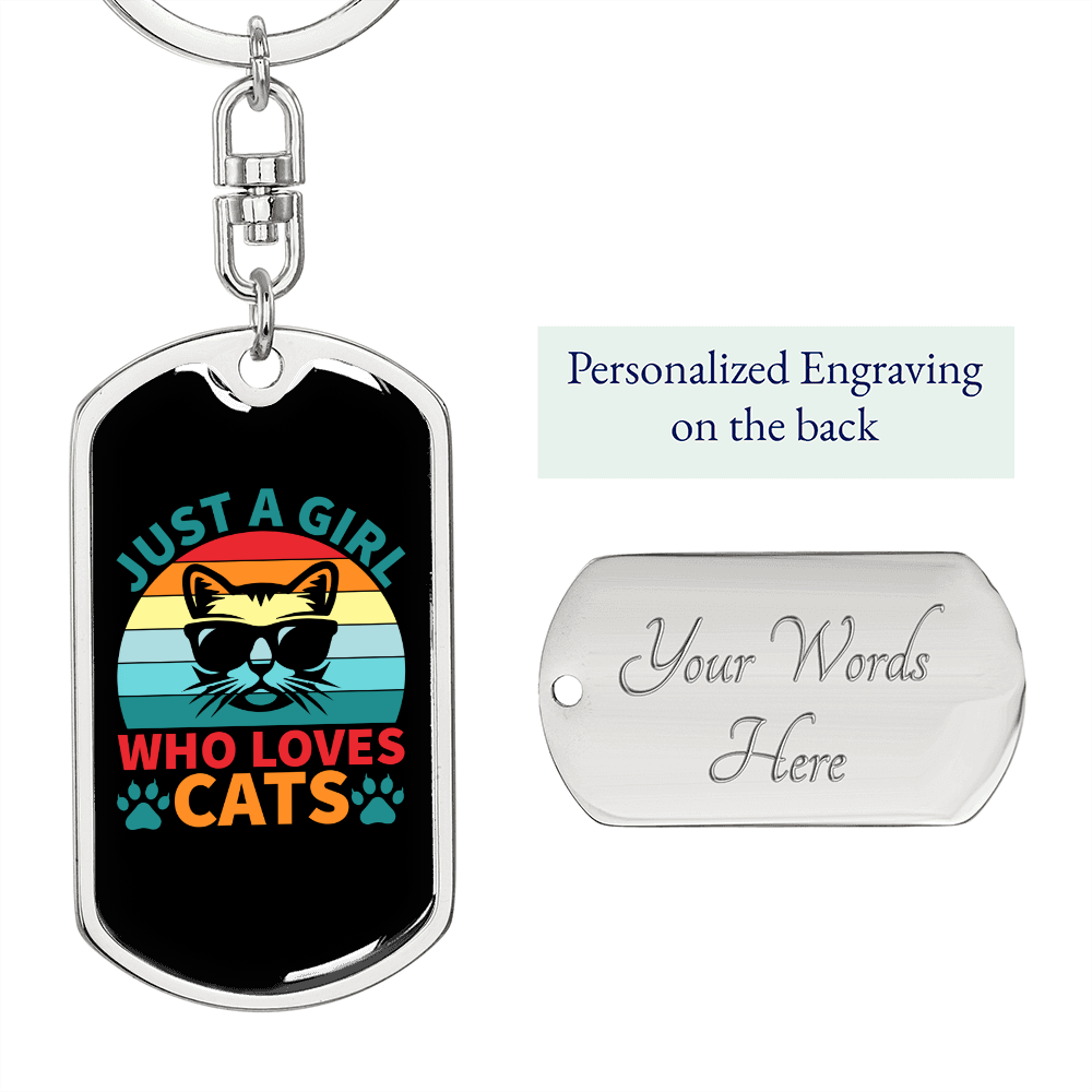 Girl Loves Cats Keychain Stainless Steel or 18k Gold Dog Tag Keyring-Express Your Love Gifts