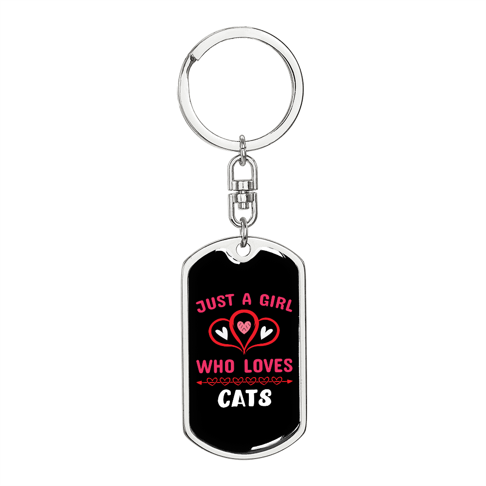 Girl Loves Cats Pink Hearts Keychain Stainless Steel or 18k Gold Dog Tag Keyring-Express Your Love Gifts