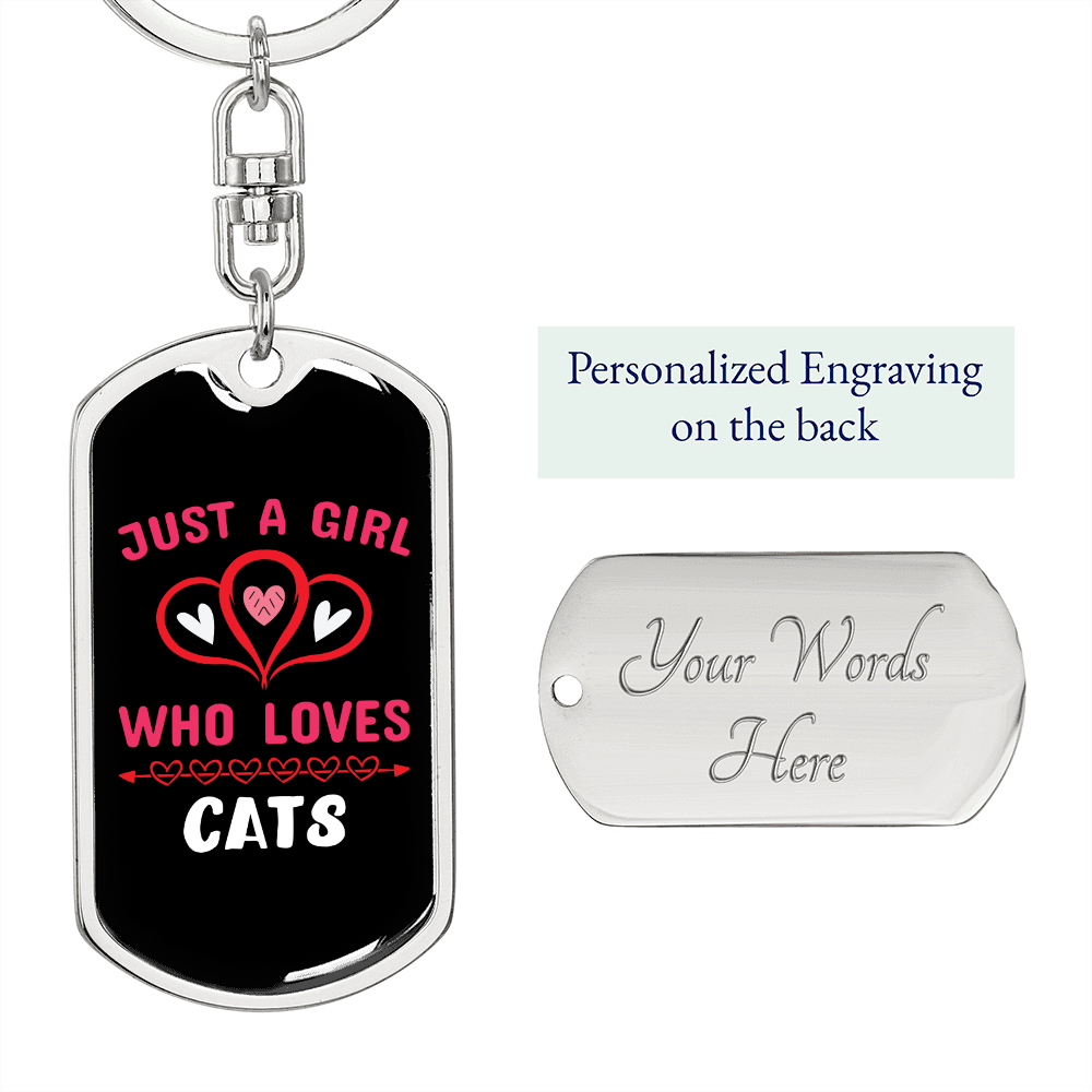 Girl Loves Cats Pink Hearts Keychain Stainless Steel or 18k Gold Dog Tag Keyring-Express Your Love Gifts