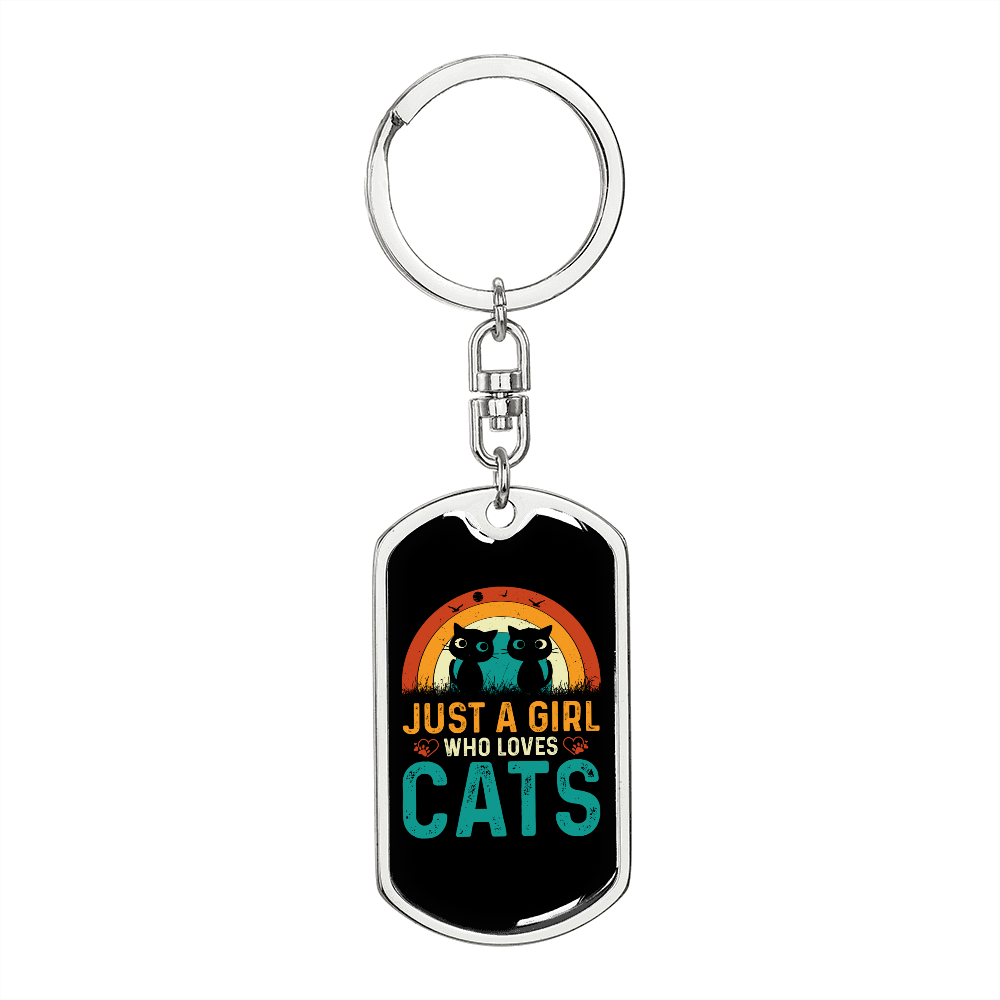 Girl Loves Cute Cats Keychain Stainless Steel or 18k Gold Dog Tag Keyring-Express Your Love Gifts