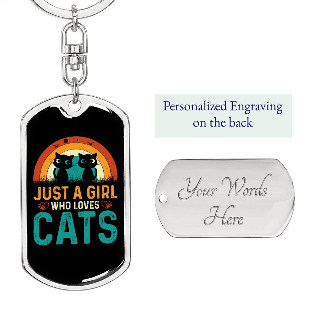 Girl Loves Cute Cats Keychain Stainless Steel or 18k Gold Dog Tag Keyring-Express Your Love Gifts