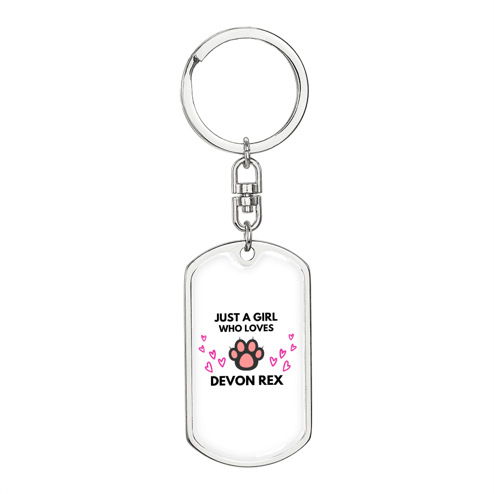 Girl Loves Devon Rex White Cat Keychain Stainless Steel or 18k Gold Dog Tag Keyring-Express Your Love Gifts