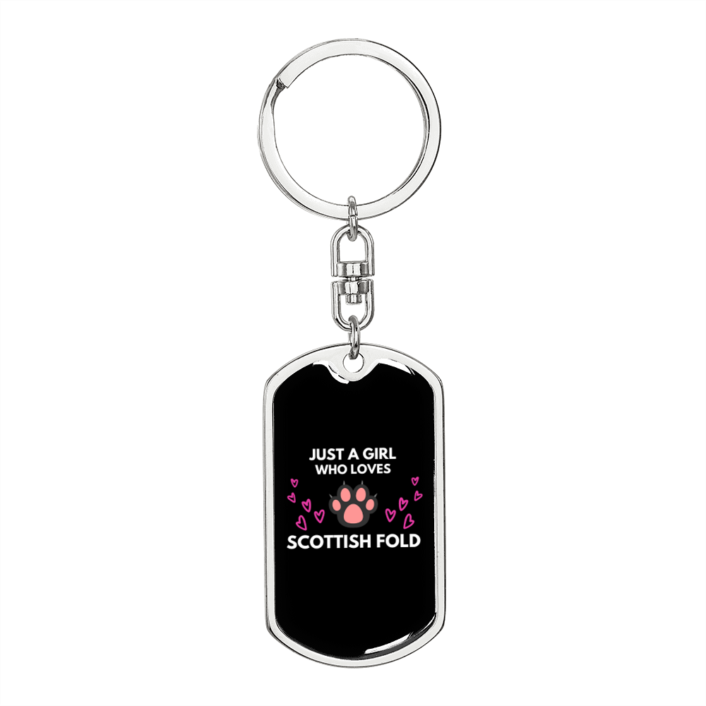 Girl Loves Fold Scottish Cat Keychain Stainless Steel or 18k Gold Dog Tag Keyring-Express Your Love Gifts