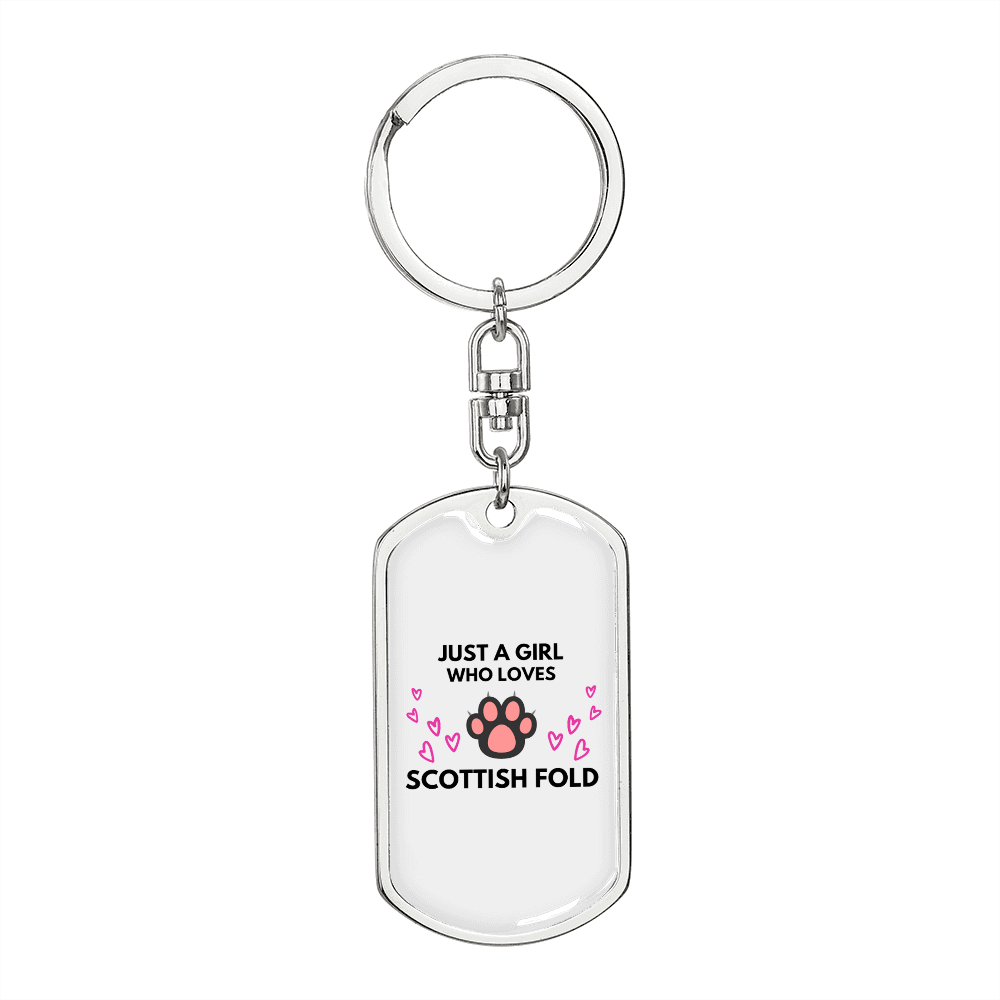 Girl Loves Scottish Fold Cat Keychain Stainless Steel or 18k Gold Dog Tag Keyring-Express Your Love Gifts