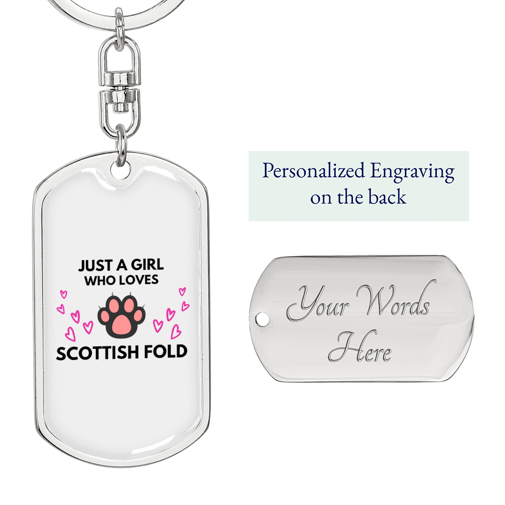 Girl Loves Scottish Fold Cat Keychain Stainless Steel or 18k Gold Dog Tag Keyring-Express Your Love Gifts