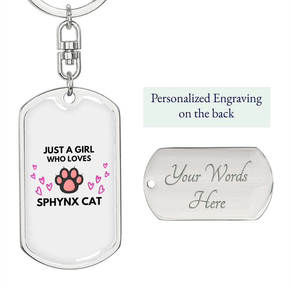 Girl Loves Sphynx Cat Keychain Stainless Steel or 18k Gold Dog Tag Keyring-Express Your Love Gifts