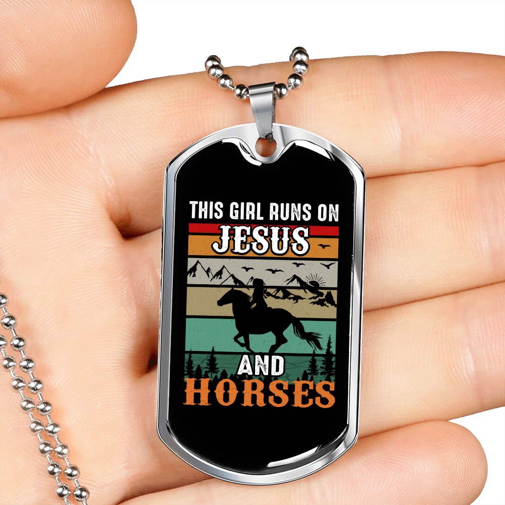 Girl on Jesus and Horses Horse Necklace Stainless Steel or 18k Gold Dog Tag 24" Chain-Express Your Love Gifts