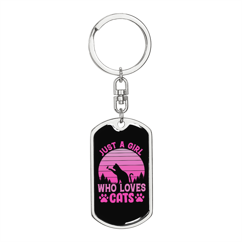 Girl Who Loves Cat Pink Keychain Stainless Steel or 18k Gold Dog Tag Keyring-Express Your Love Gifts