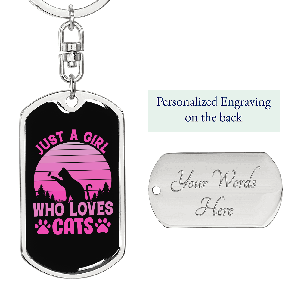 Girl Who Loves Cat Pink Keychain Stainless Steel or 18k Gold Dog Tag Keyring-Express Your Love Gifts