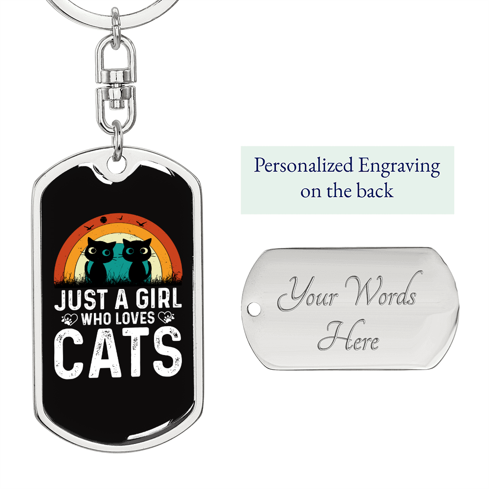 Girl Who Loves Cats Black Keychain Stainless Steel or 18k Gold Dog Tag Keyring-Express Your Love Gifts