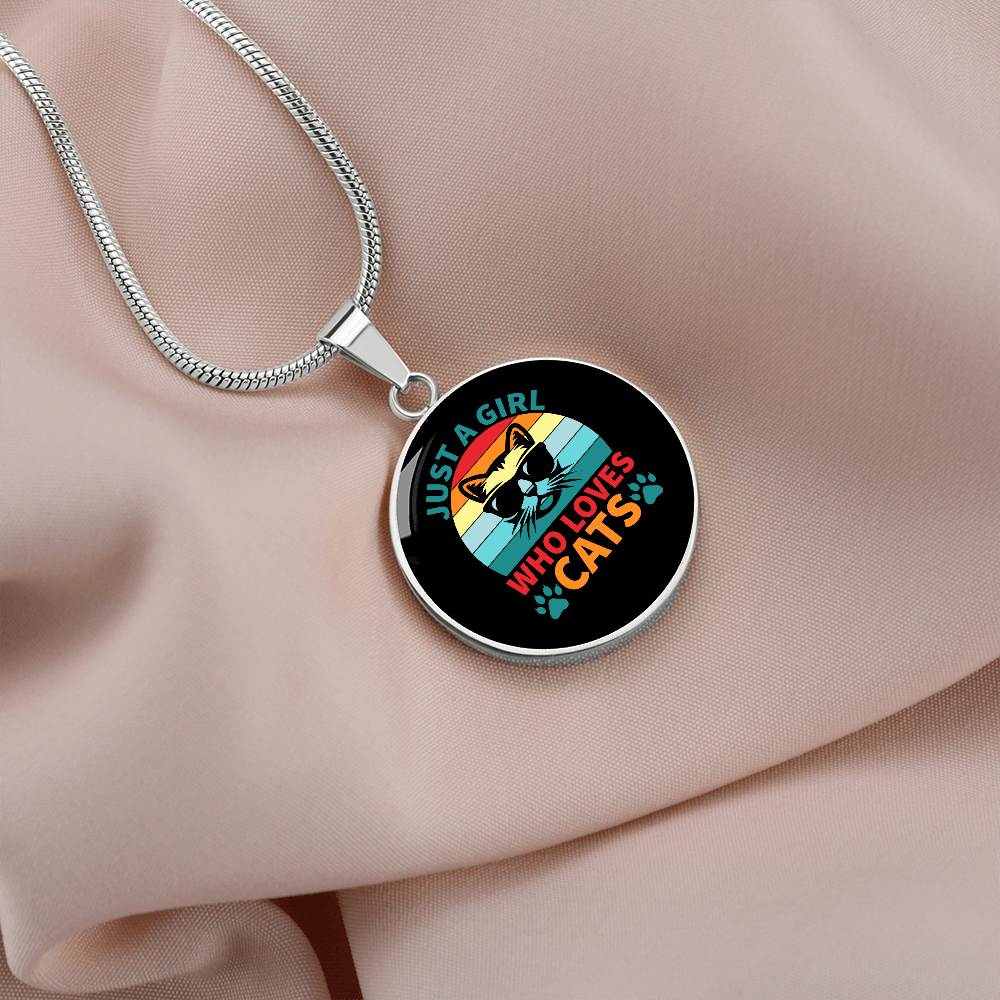 Girl Who Loves Cats Circle Necklace Stainless Steel or 18k Gold 18-22"-Express Your Love Gifts