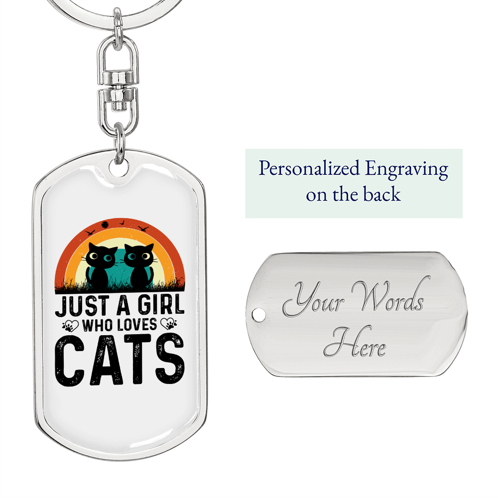 Girl Who Loves Cats Keychain Stainless Steel or 18k Gold Dog Tag Keyring-Express Your Love Gifts