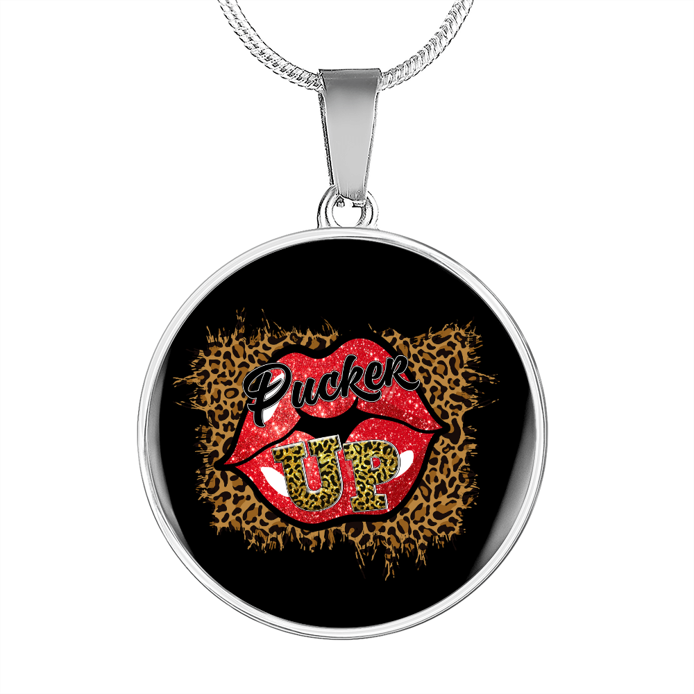 Girlfriend Gift Pucker Up Circle Necklace Stainless Steel or 18k Gold 18-22-Express Your Love Gifts