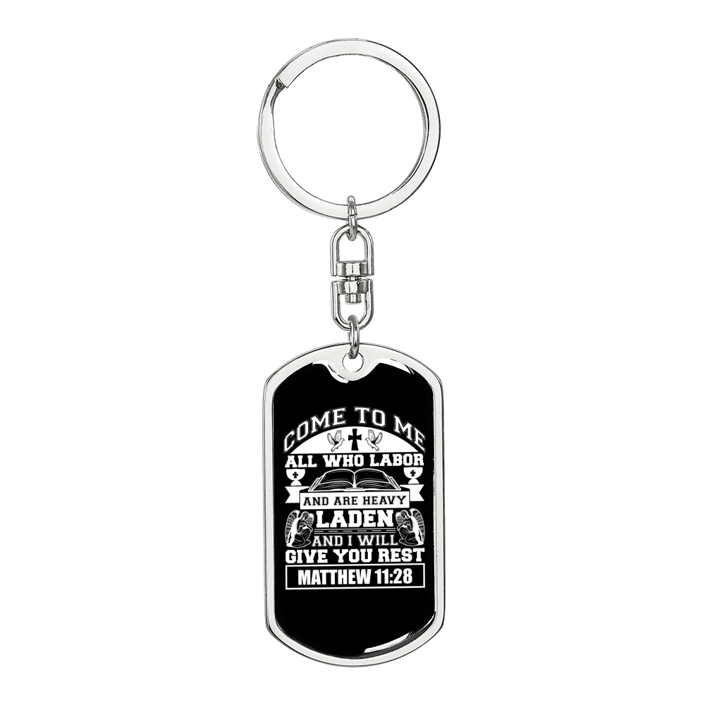 Give You Rest Matthew 11:28 White Keychain Stainless Steel or 18k Gold Dog Tag Keyring-Express Your Love Gifts