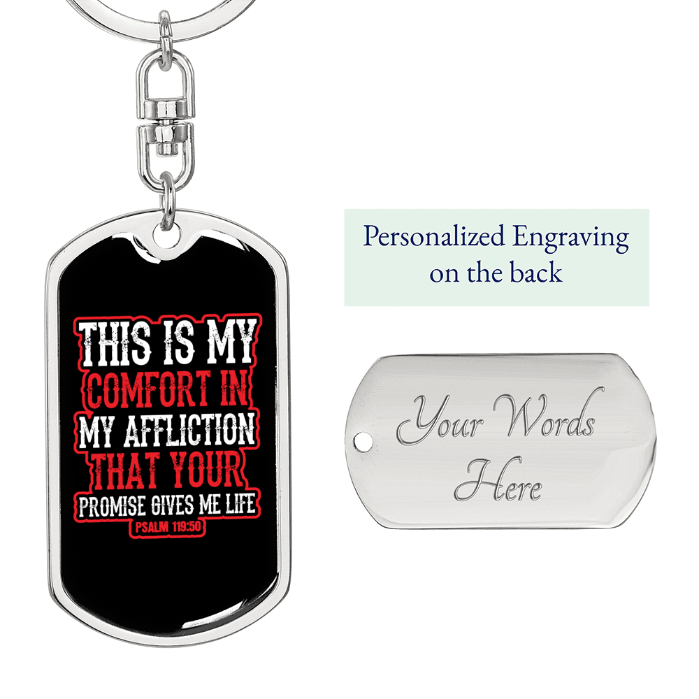 Gives Me Life Psalm 119:50 Keychain Stainless Steel or 18k Gold Dog Tag Keyring-Express Your Love Gifts