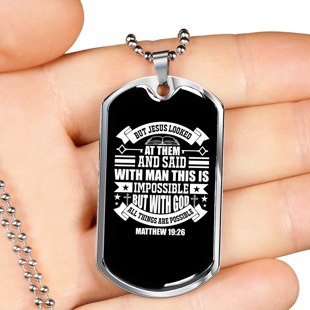 God All Possible Matthew 19:26 Necklace Stainless Steel or 18k Gold Dog Tag 24" Chain-Express Your Love Gifts