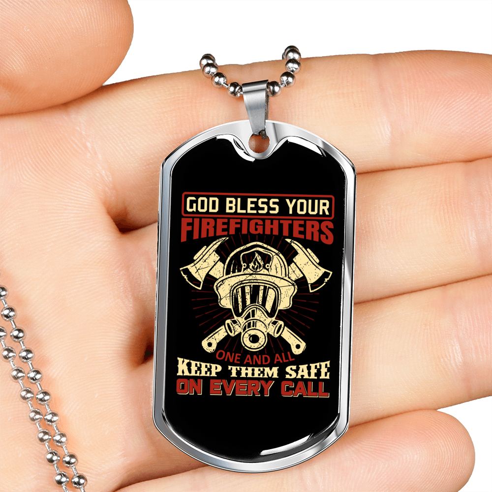 God Bless Your Firefighters Necklace Stainless Steel or 18k Gold Dog Tag 24" Chain-Express Your Love Gifts