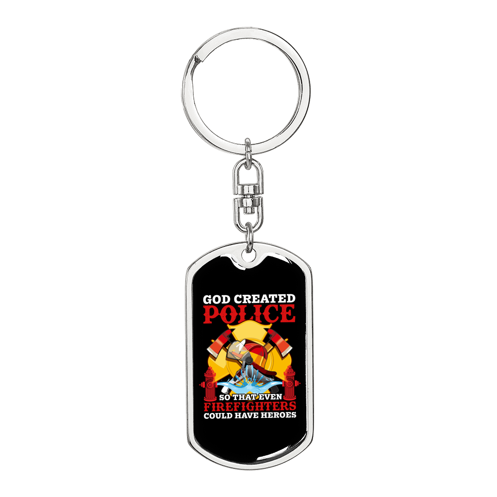 God Created Police Firefighter Keychain Stainless Steel or 18k Gold Dog Tag Keyring-Express Your Love Gifts