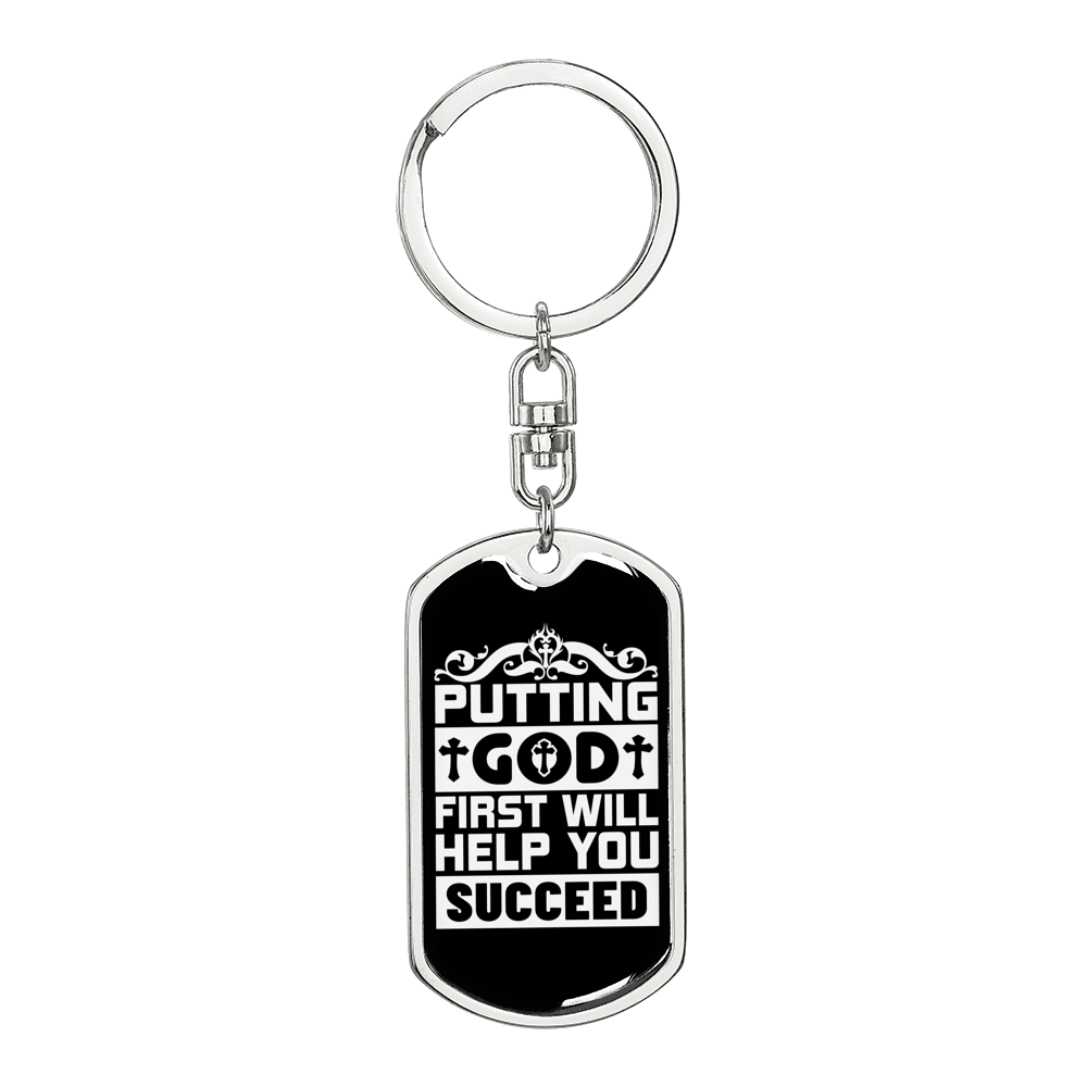 God First Will Help Keychain Stainless Steel or 18k Gold Dog Tag Keyring-Express Your Love Gifts