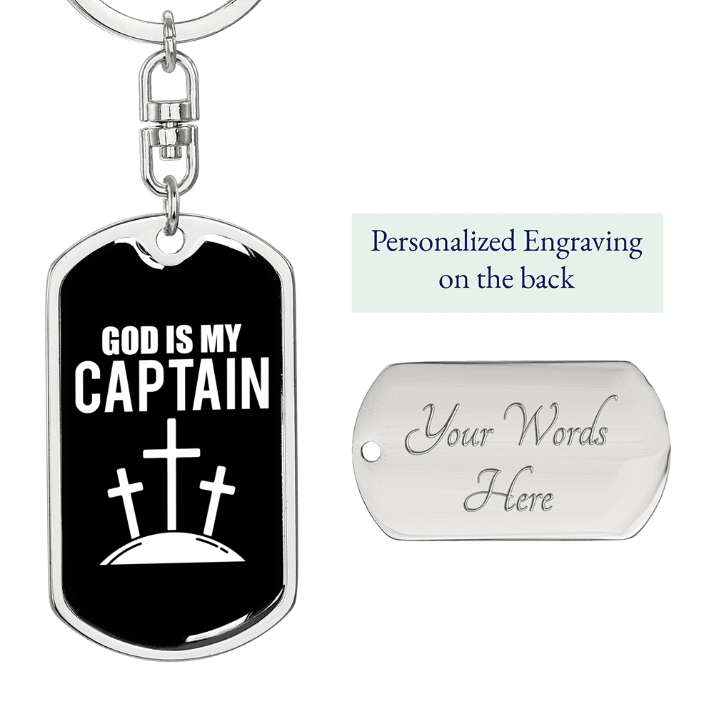 God Is My Captain Cross Christian Keychain Stainless Steel or 18k Gold Dog Tag Keyring-Express Your Love Gifts