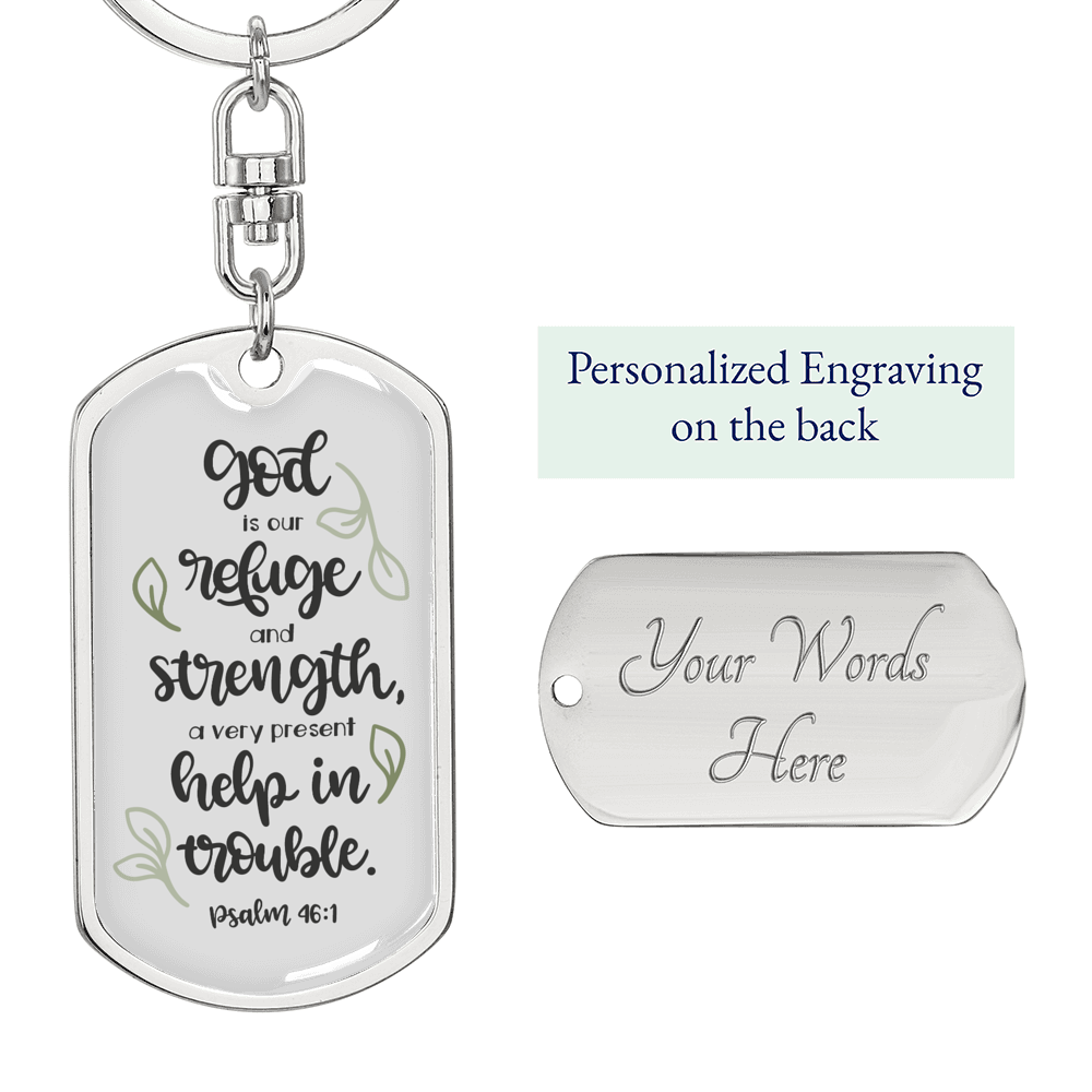 God Is Our Refuge Christian Keychain Stainless Steel or 18k Gold Dog Tag Keyring-Express Your Love Gifts