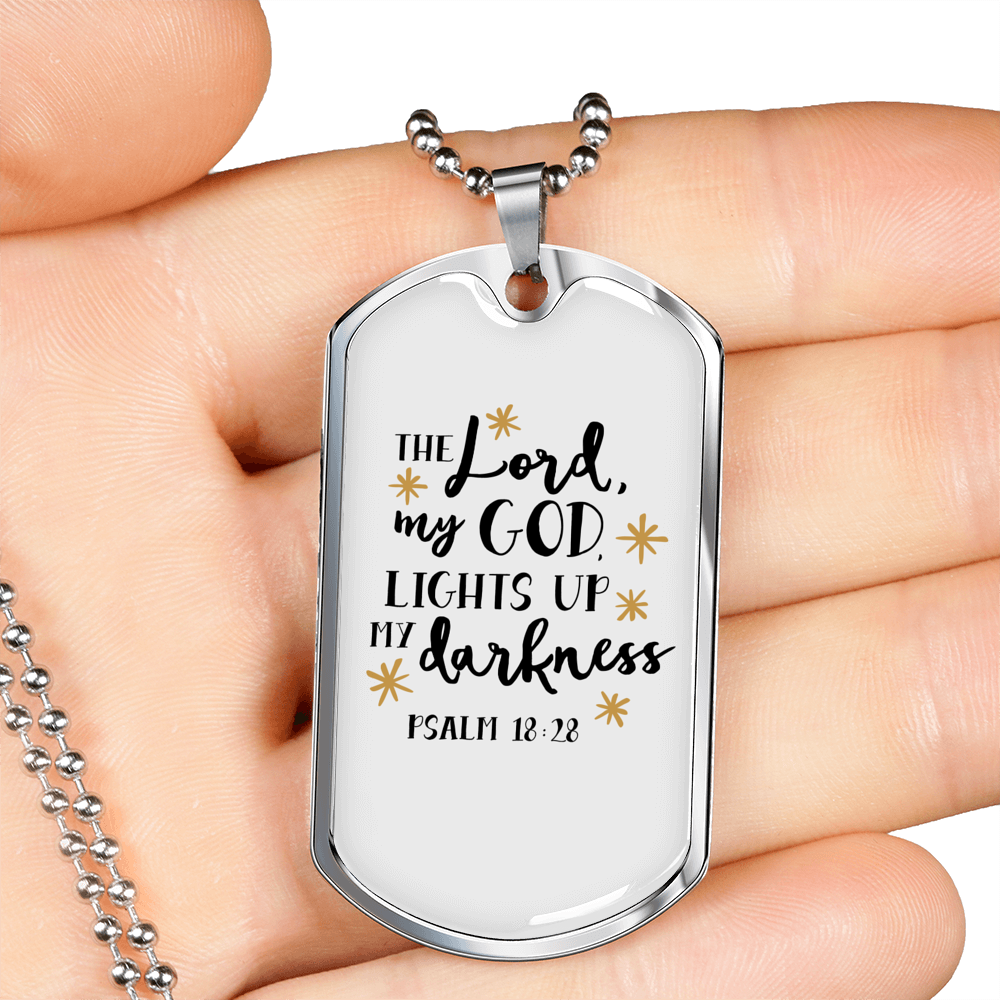God Lights Up Psalm 18:28 Necklace Stainless Steel or 18k Gold Dog Tag 24" Chain-Express Your Love Gifts