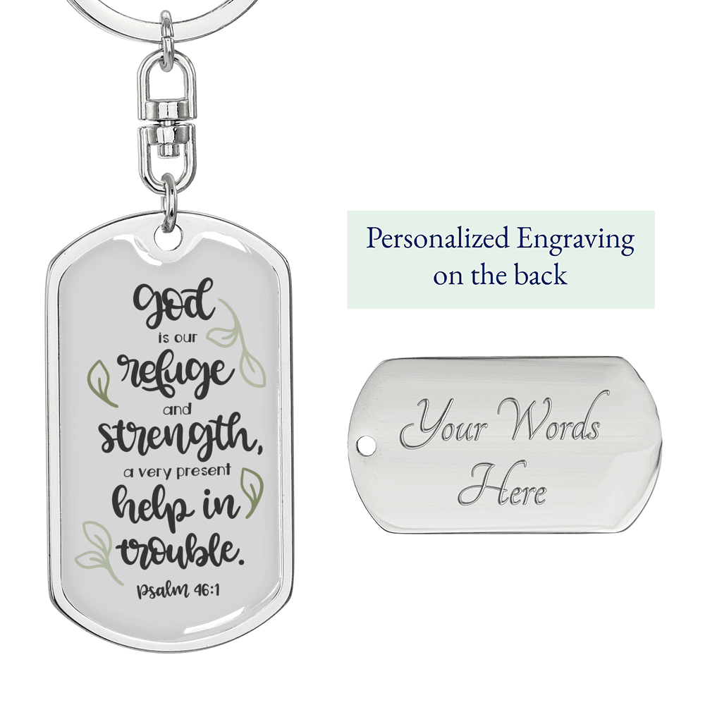 God Our Refuge Psalm 46:1 Keychain Stainless Steel or 18k Gold Dog Tag Keyring-Express Your Love Gifts