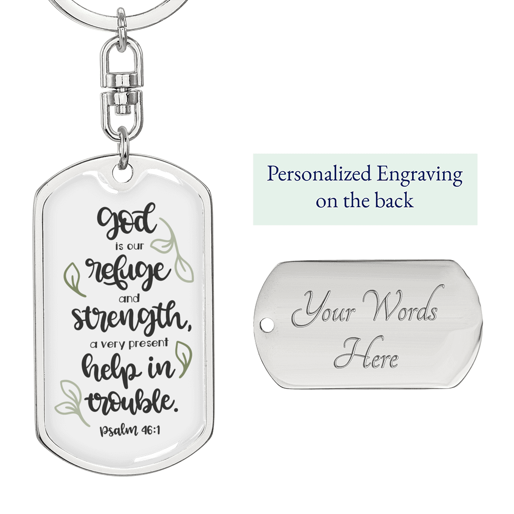 God Refuge And Strength Psalm 46:1 Keychain Stainless Steel or 18k Gold Dog Tag Keyring-Express Your Love Gifts