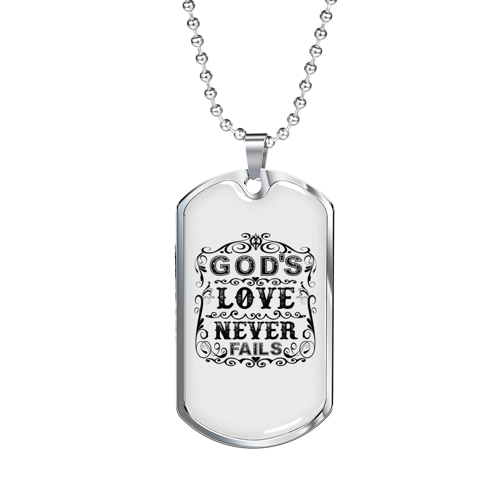 God's Love Never Fails Necklace Stainless Steel or 18k Gold Dog Tag 24" Chain-Express Your Love Gifts