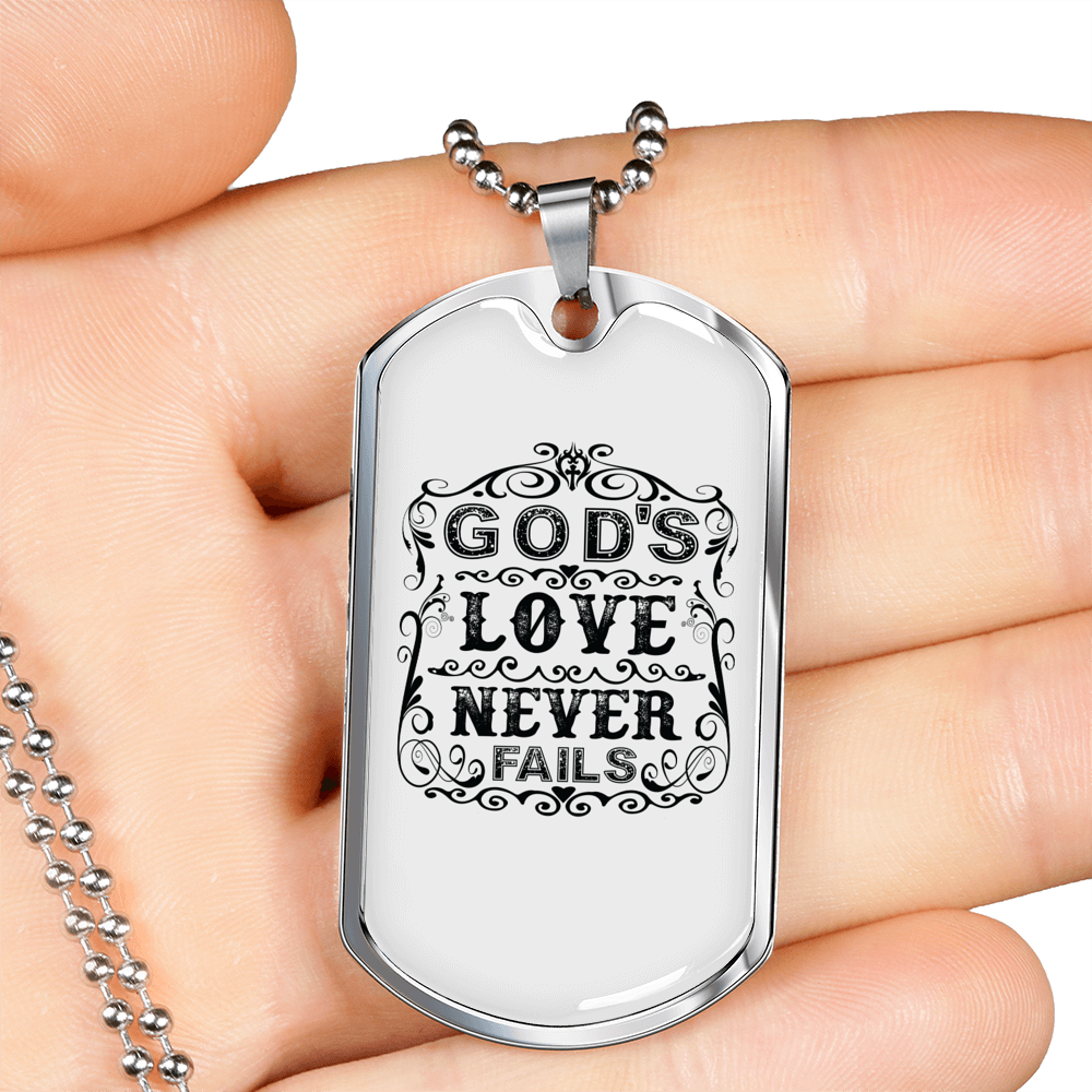 God's Love Never Fails Necklace Stainless Steel or 18k Gold Dog Tag 24" Chain-Express Your Love Gifts