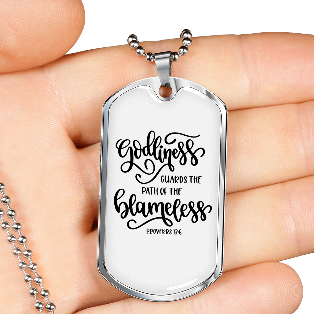Godliness Guards The Blameless Proverbs 13:6 Necklace Stainless Steel or 18k Gold Dog Tag 24" Chain-Express Your Love Gifts